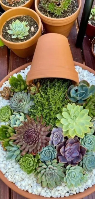 Vibrant succulent garden in a clay pot with diverse colors and textures.