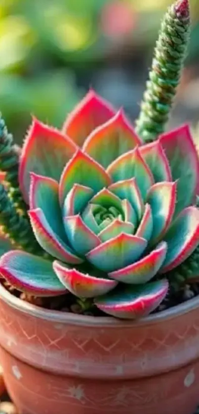 Vibrant succulent plant in a terracotta pot.