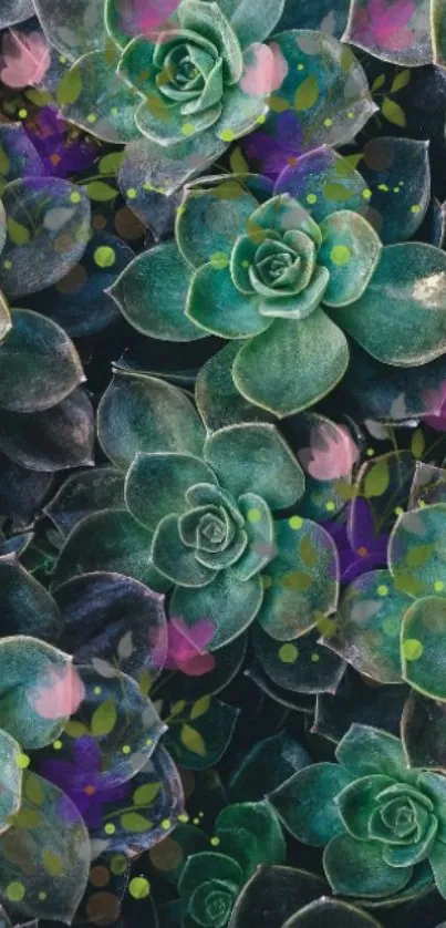 Artistic succulent and floral phone wallpaper with green tones.