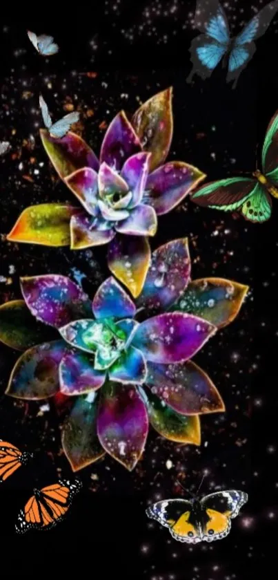 Colorful succulents and butterflies on a black cosmic background.