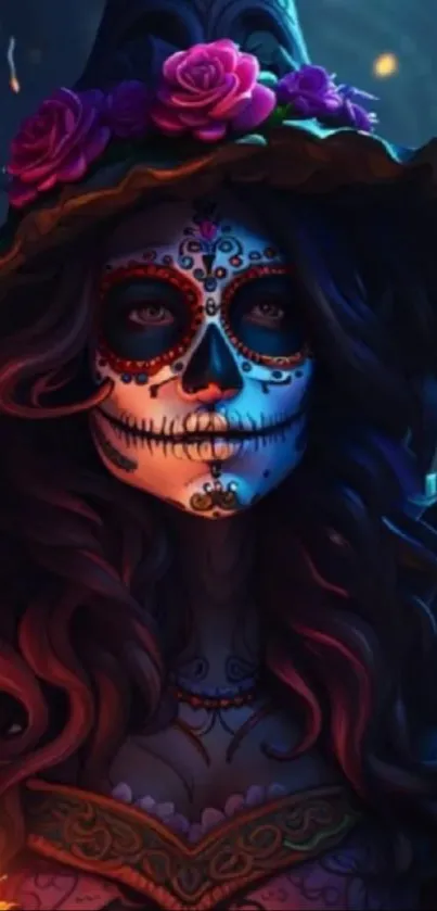 Colorful sugar skull girl art with roses and hat.