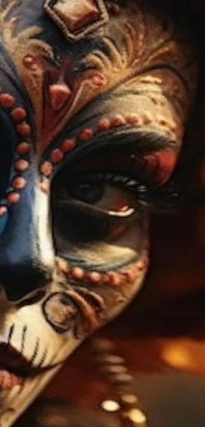Close-up of a vibrant sugar skull face art design.