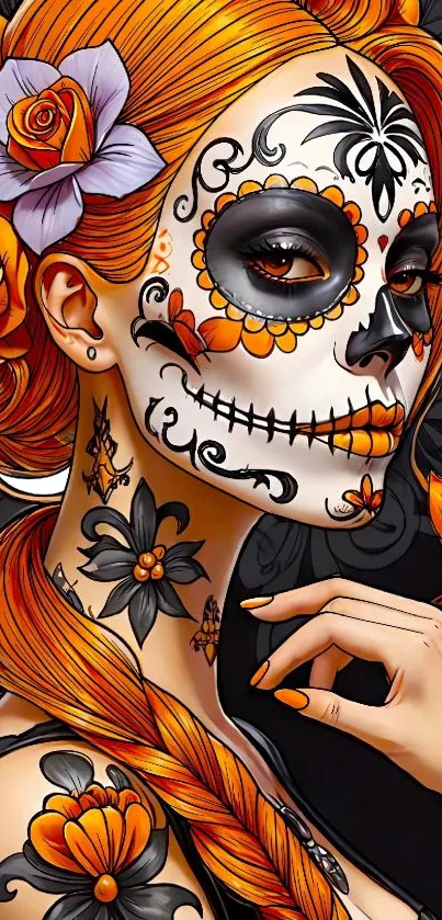 Portrait of woman with vibrant sugar skull face paint and floral designs.