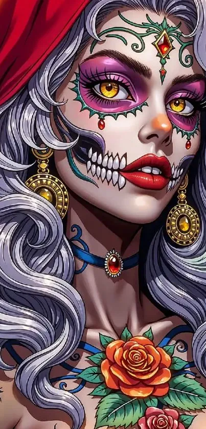 Illustrated sugar skull art with vibrant colors.