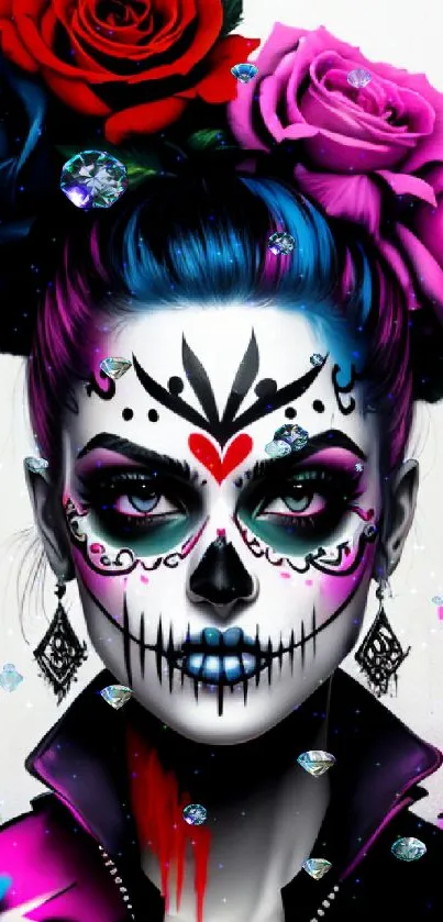 Vibrant Sugar Skull art with colorful roses and intricate designs.