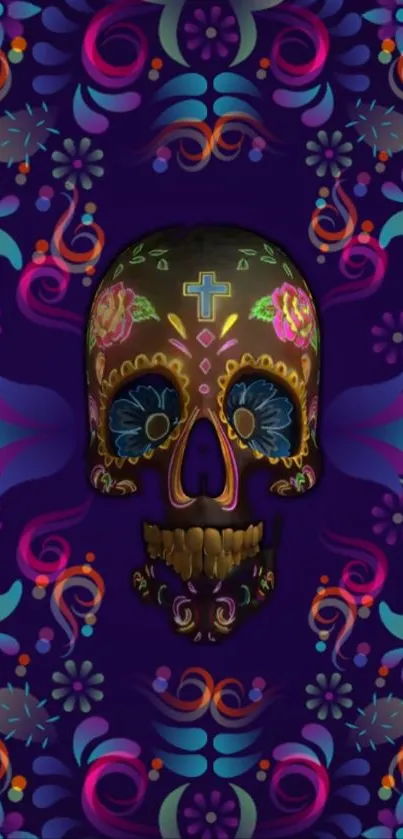 Colorful sugar skull art on a purple background.