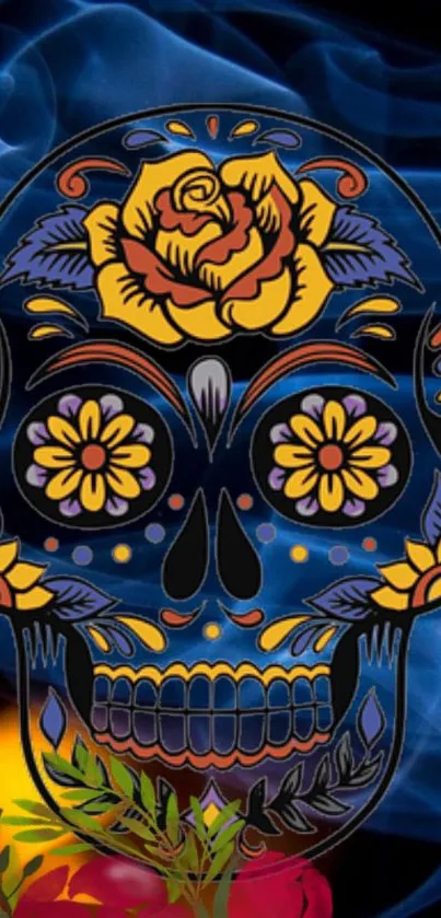 Colorful sugar skull with floral designs on a blue background.