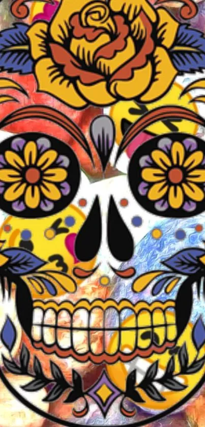 Colorful sugar skull with vibrant floral designs, ideal for festive wallpaper.