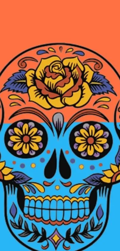 Vibrant sugar skull wallpaper with orange and blue background.