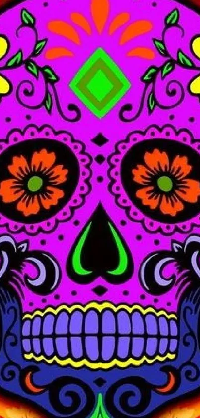 Vibrant sugar skull wallpaper with neon floral patterns and bold colors.