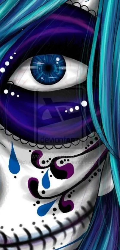 Vibrant sugar skull illustration with a blue and purple theme.