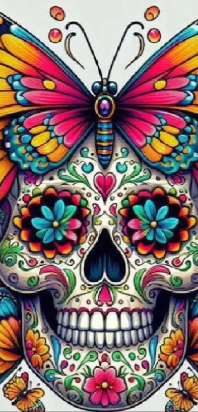 Vibrant sugar skull with colorful butterfly and floral designs.