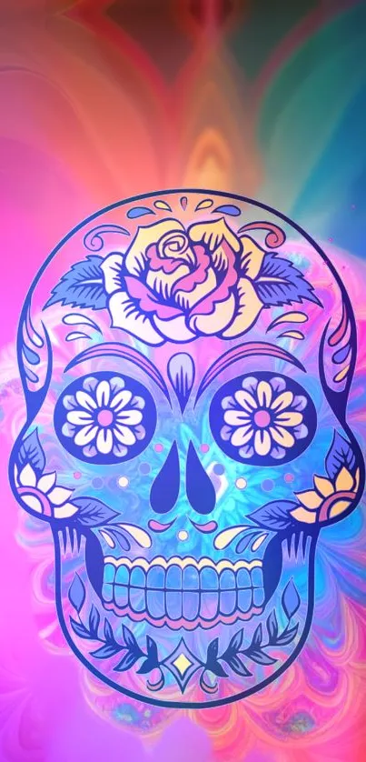 Colorful sugar skull with abstract background, perfect for mobile wallpaper.