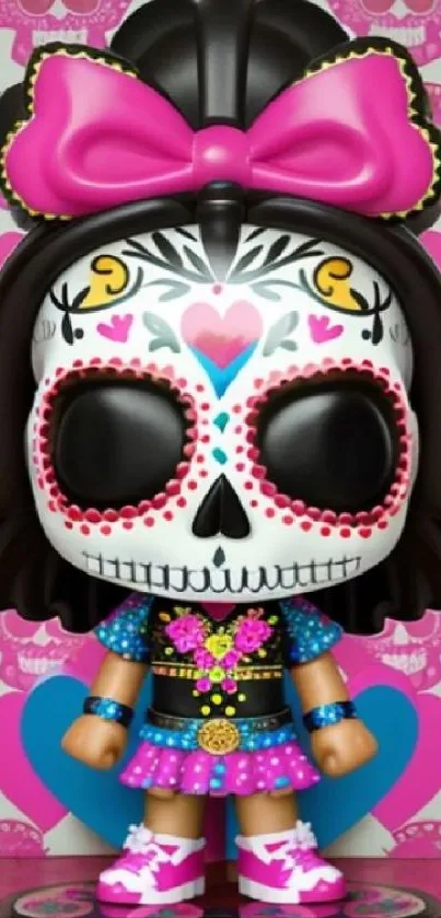 Vibrant sugar skull character with pink accents and intricate patterns.