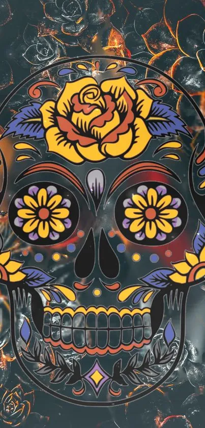 Vibrant sugar skull wallpaper with colorful floral design on black background.