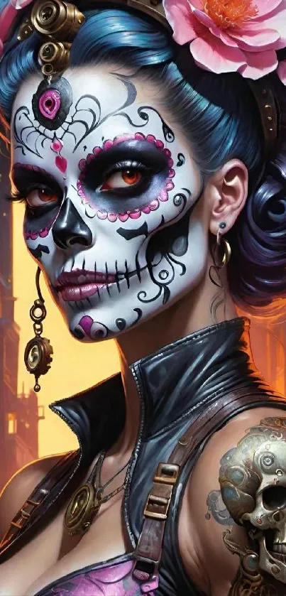 Vibrant sugar skull art with flowers and steampunk elements.