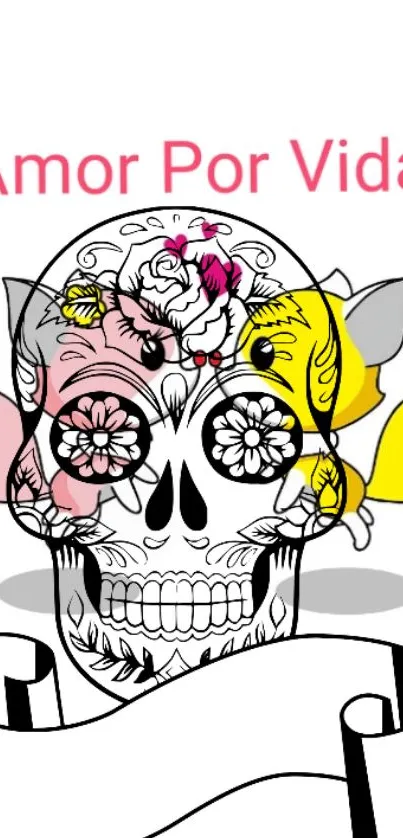 Intricate sugar skull with colorful floral design and 'Amor Por Vida' text.