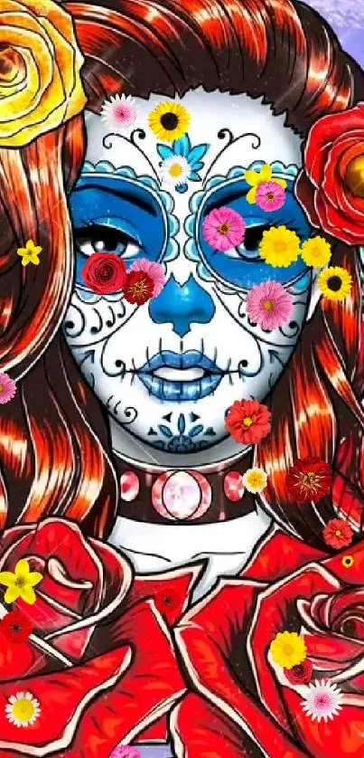 Vibrant sugar skull art with red roses.