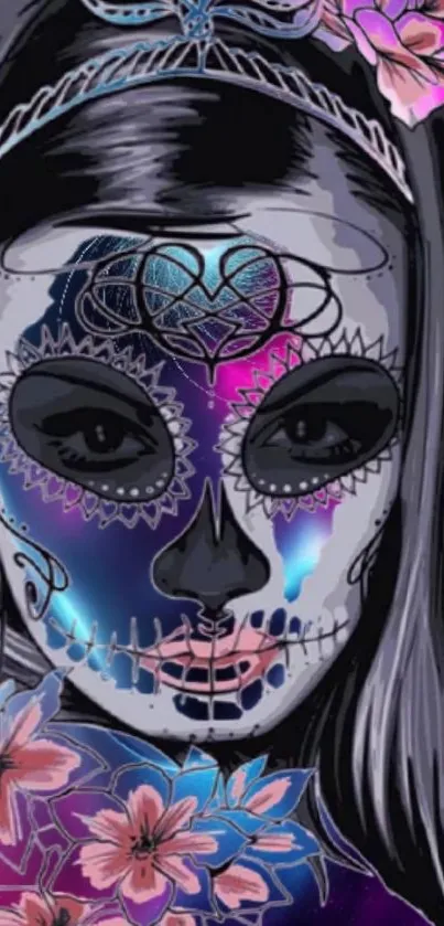 Vibrant sugar skull art with floral design on a phone wallpaper.