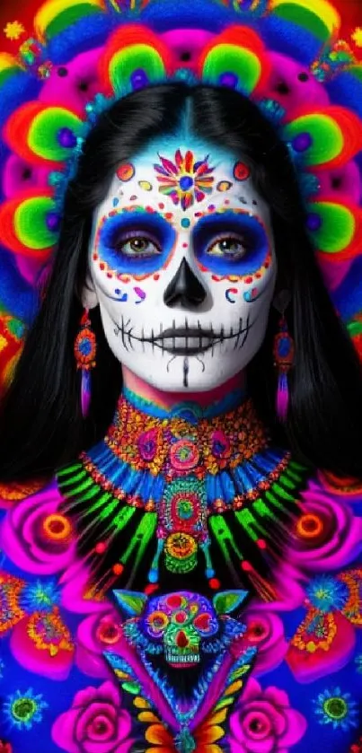 Vibrant sugar skull art with colorful patterns and Mexican motifs.