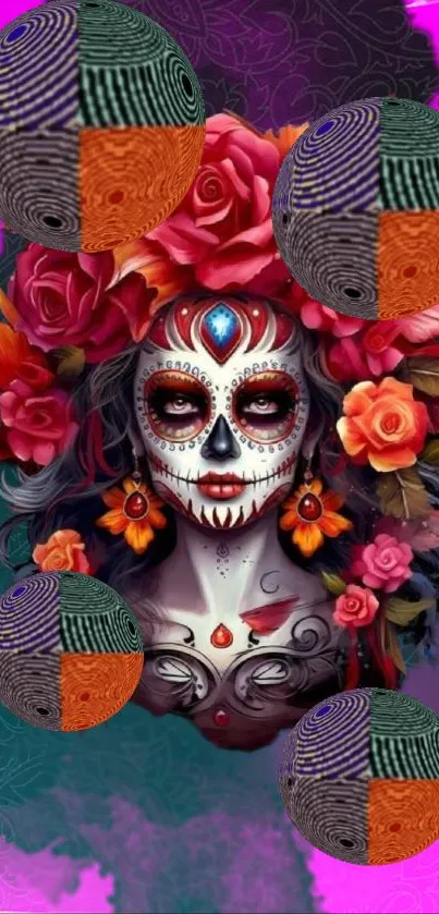 Vibrant sugar skull design with flowers on a colorful mobile wallpaper.