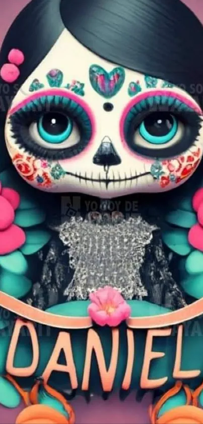 Colorful sugar skull artwork with flowers.