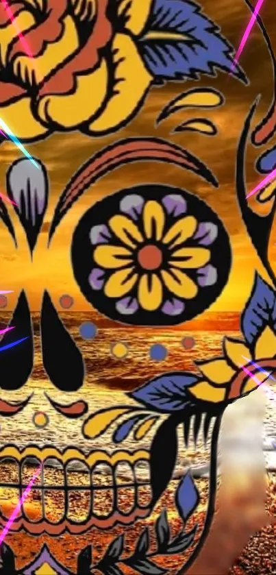 Colorful sugar skull art with sunset backdrop.