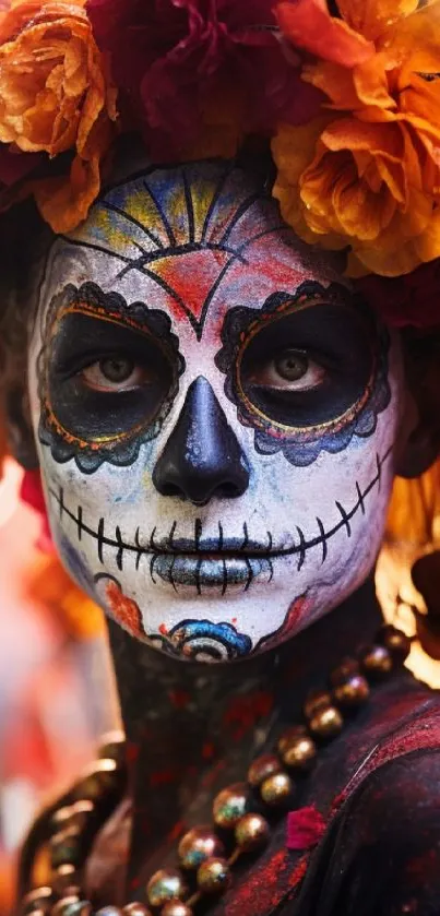 Close-up of sugar skull face paint with vibrant orange floral headdress.