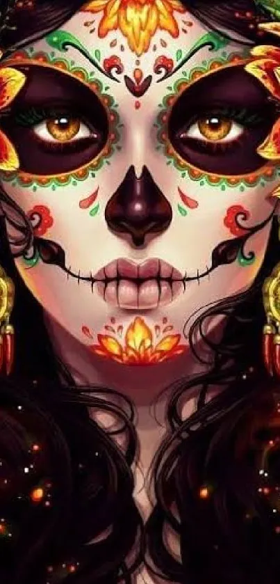 Colorful sugar skull art with floral accents, perfect for mobile wallpaper.