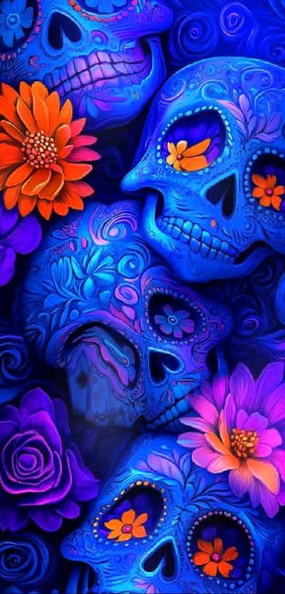 Colorful sugar skulls with vibrant floral designs on a blue background.