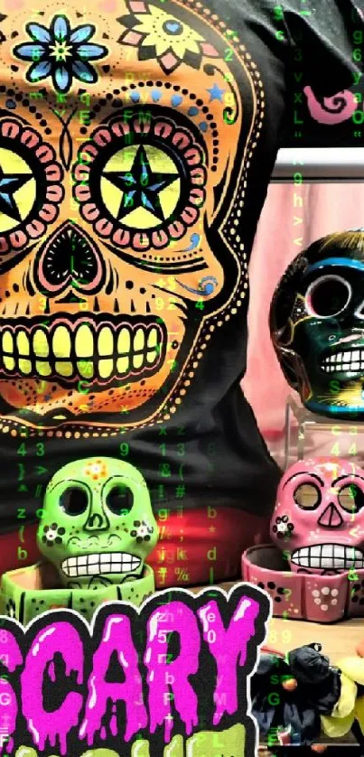 Colorful decorated skulls and 'Scary Night' sign in festive art style.