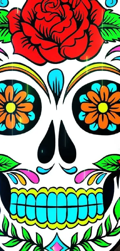 Colorful sugar skull with floral designs on a phone wallpaper.