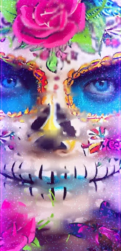 Colorful sugar skull wallpaper with floral motifs.