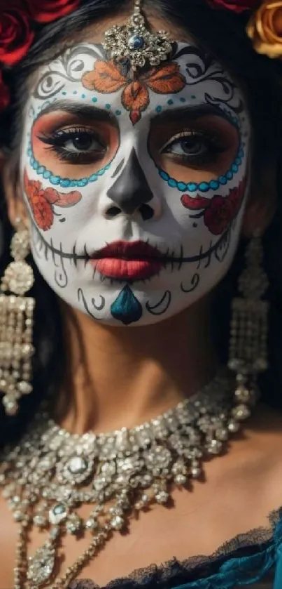 Colorful sugar skull design on woman's face.