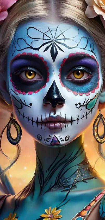 Vibrant sugar skull phone wallpaper with colorful face art and floral designs.