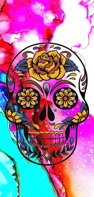 Vibrant sugar skull on colorful abstract background.