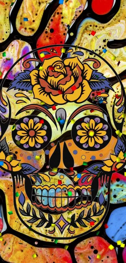 Vibrant sugar skull with colorful abstract background.