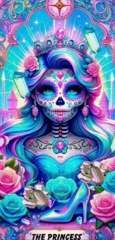 Vibrant sugar skull princess with neon blue accents and roses in a mystical backdrop.