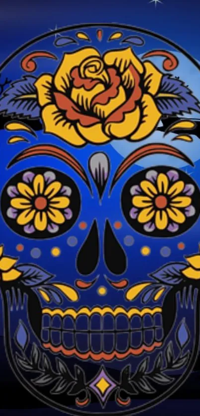 Colorful sugar skull with floral designs on blue background.