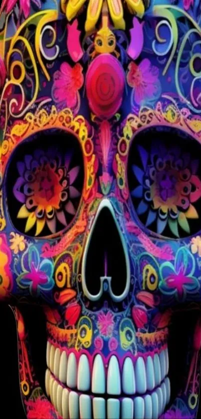 Vibrant sugar skull with colorful patterns on a black background.