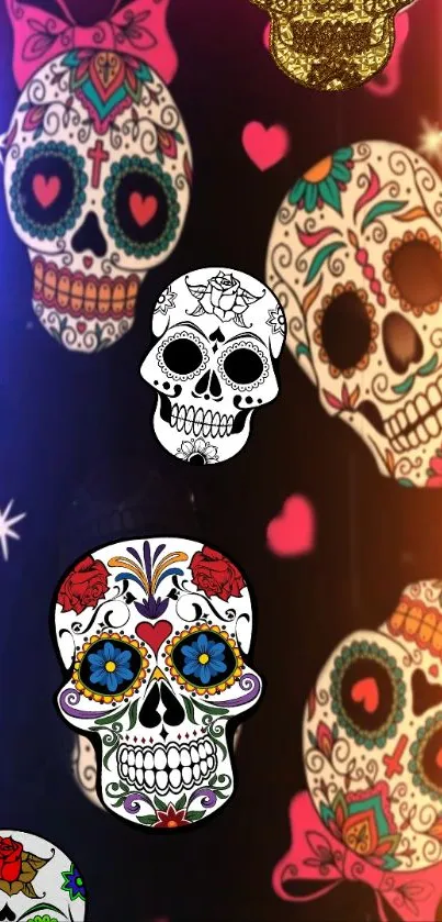 Colorful sugar skulls on a black background.