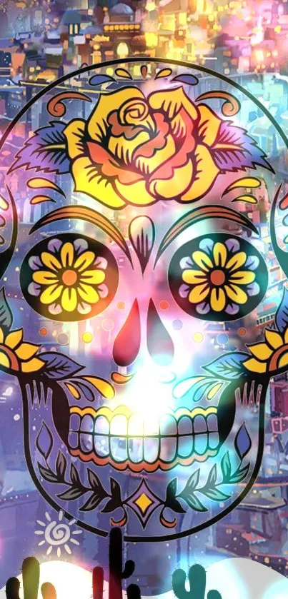 Colorful sugar skull with floral designs on a vibrant backdrop.