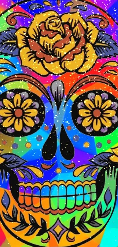 Vibrant sugar skull with rainbow colors and floral designs on a mobile wallpaper.