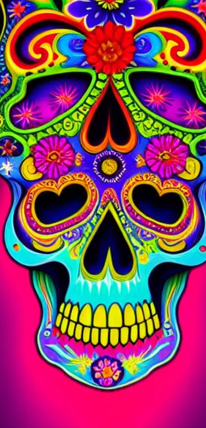 Bright neon sugar skull with floral and vibrant designs.
