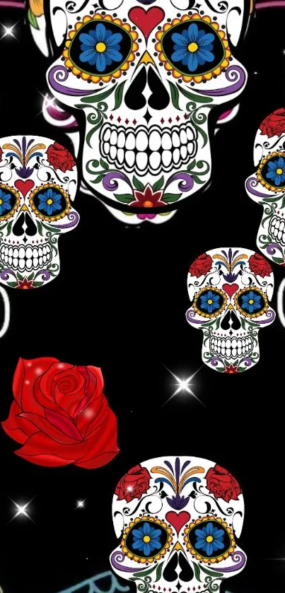 Colorful sugar skull wallpaper with vibrant floral designs on a black background.