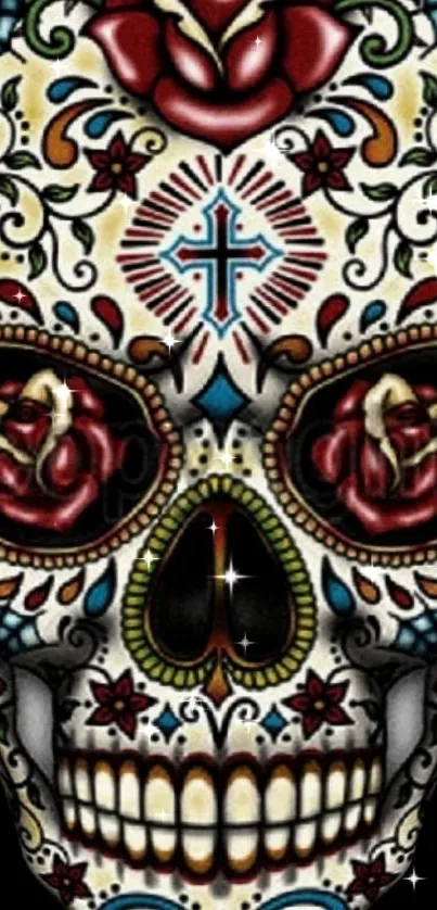 Colorful sugar skull with floral designs and cross pattern on black background.