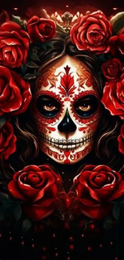 Sugar Skull art surrounded by vibrant red roses on a dark background.