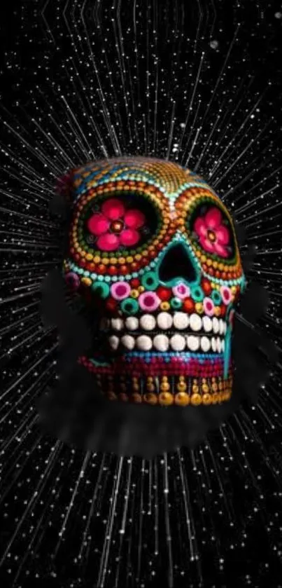 Vibrant sugar skull with colorful beads and intricate design on black background.