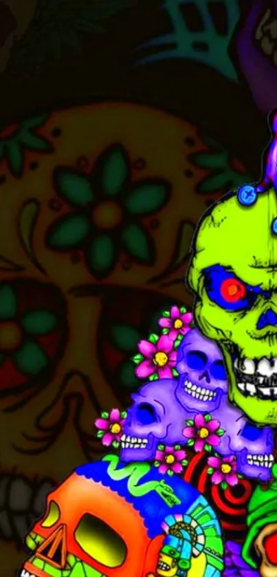 Vibrant and colorful skull art wallpaper featuring intricate designs.