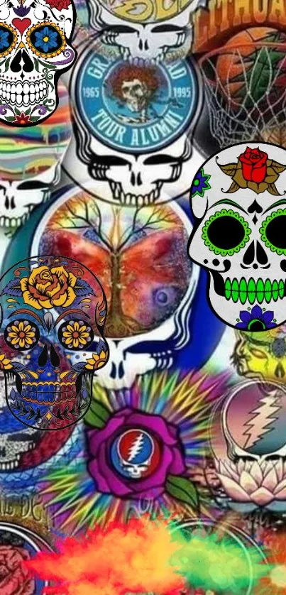 Colorful sugar skulls with vibrant designs on a mobile wallpaper.